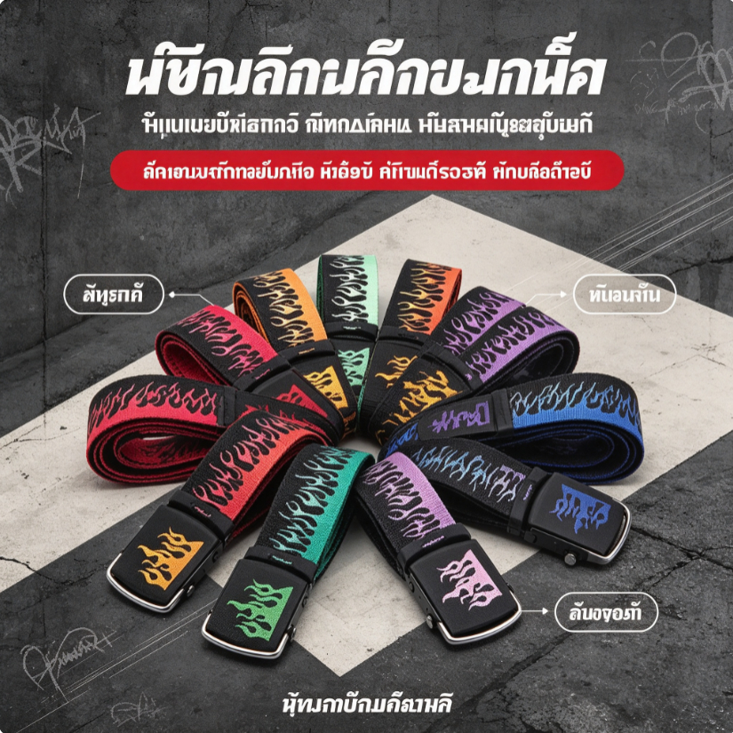 เข็มขัดแฟชั่น ลายไฟ สไตล์สตรีท ฮิปฮอป สายผ้าแคนวาส หัวเข็มขัดโลหะ ทนทาน ใส่เที่ยว ใส่เรียน
