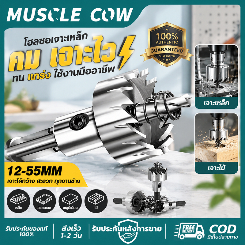 MUSCLE COW โฮลซอเจาะเหล็ก 12-55mm ฟันคม ทนทาน เจาะเหล็กได้เรียบเรียบ คุณภาพดี