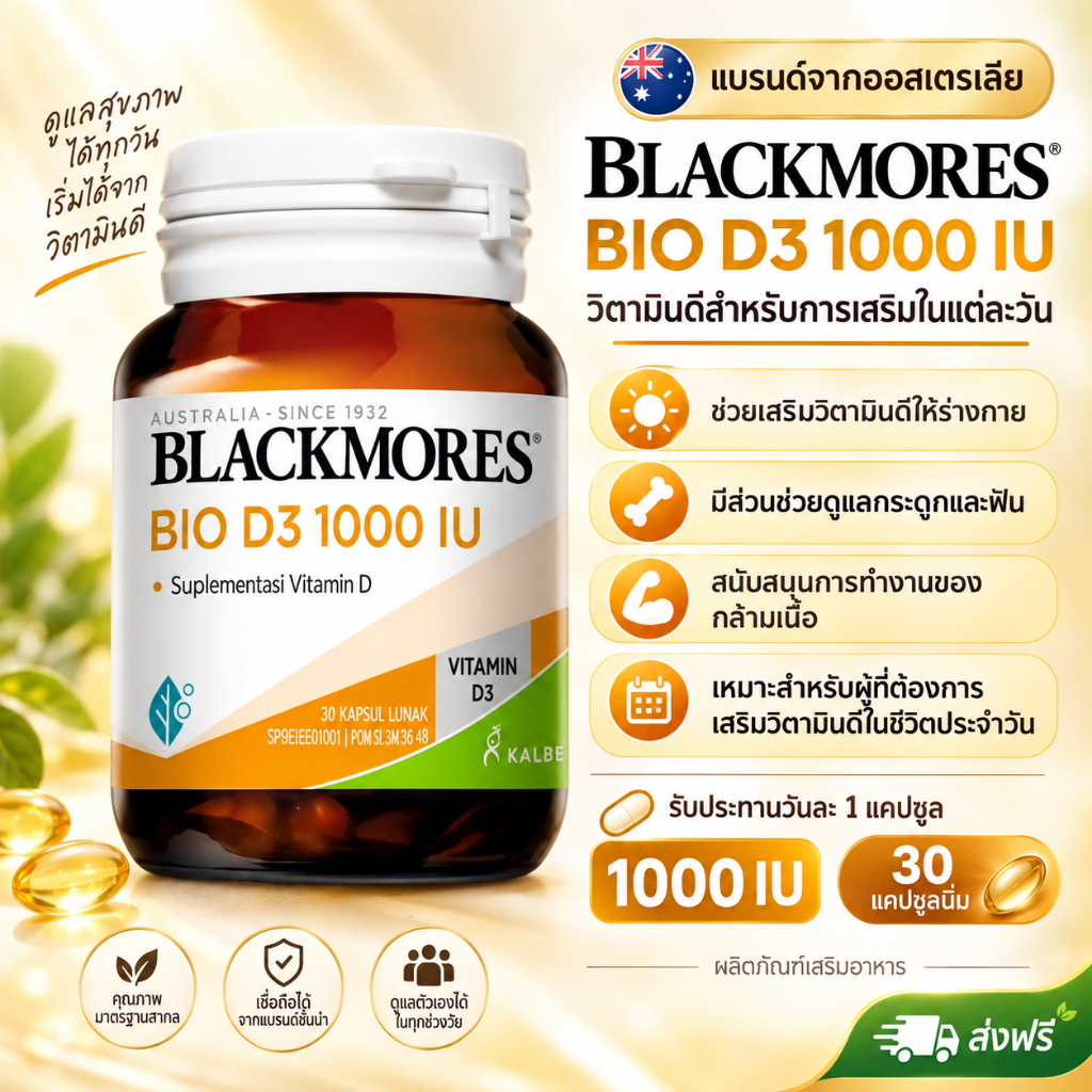 Blackmores Bio D3 1000 IU 30 แคปซูล วิตามินดี3 ช่วยดูดซึมแคลเซียม เสริมกระดูกและฟันแข็งแรง ของแท้