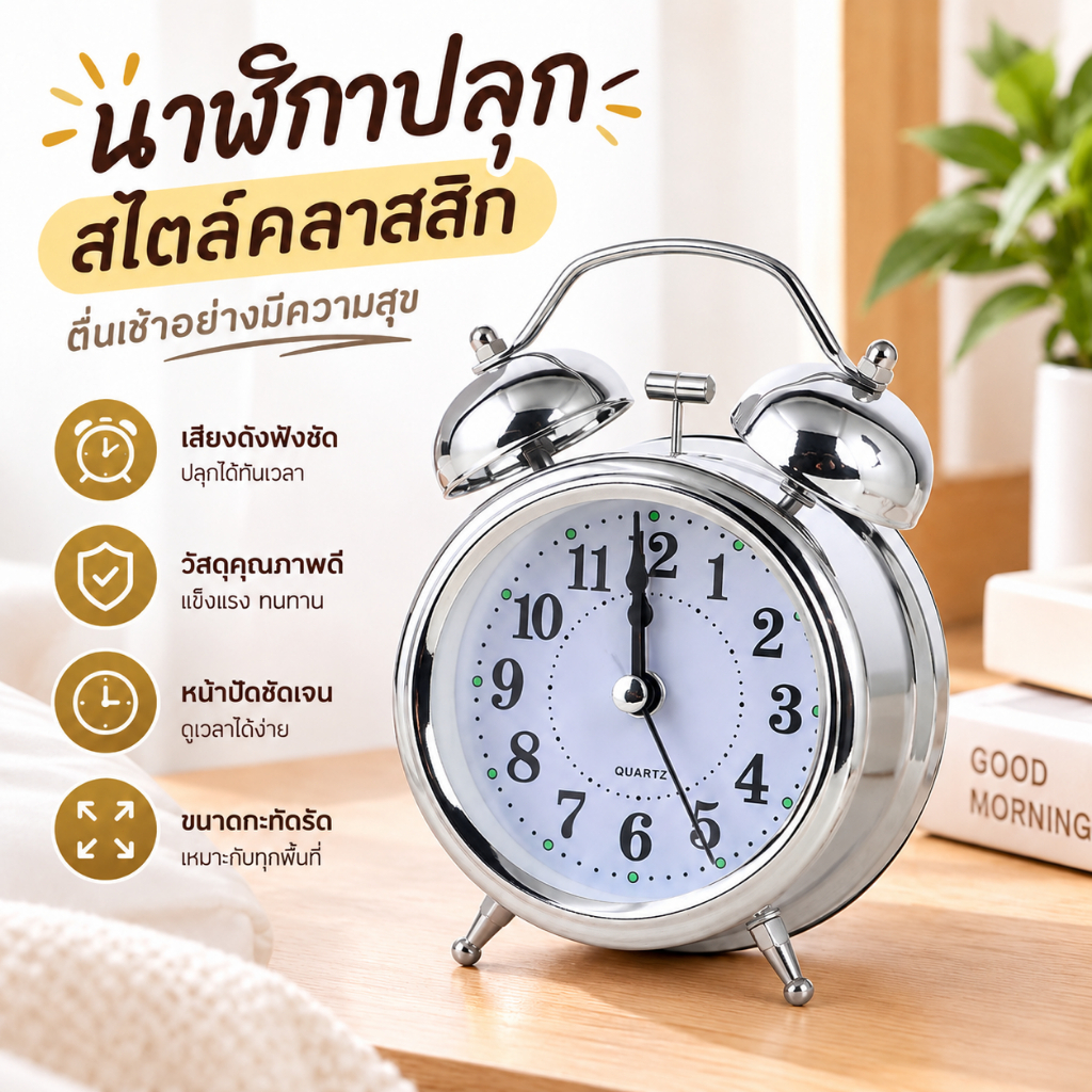 HH นาฬิกาปลุกตั้งโต๊ะ นาฬิกาตั้งโต๊ะ เสียงดัง สไตล์วินเทจ หน้าปัดเรืองแสง ดีไซน์คลาสสิก Alarm clock