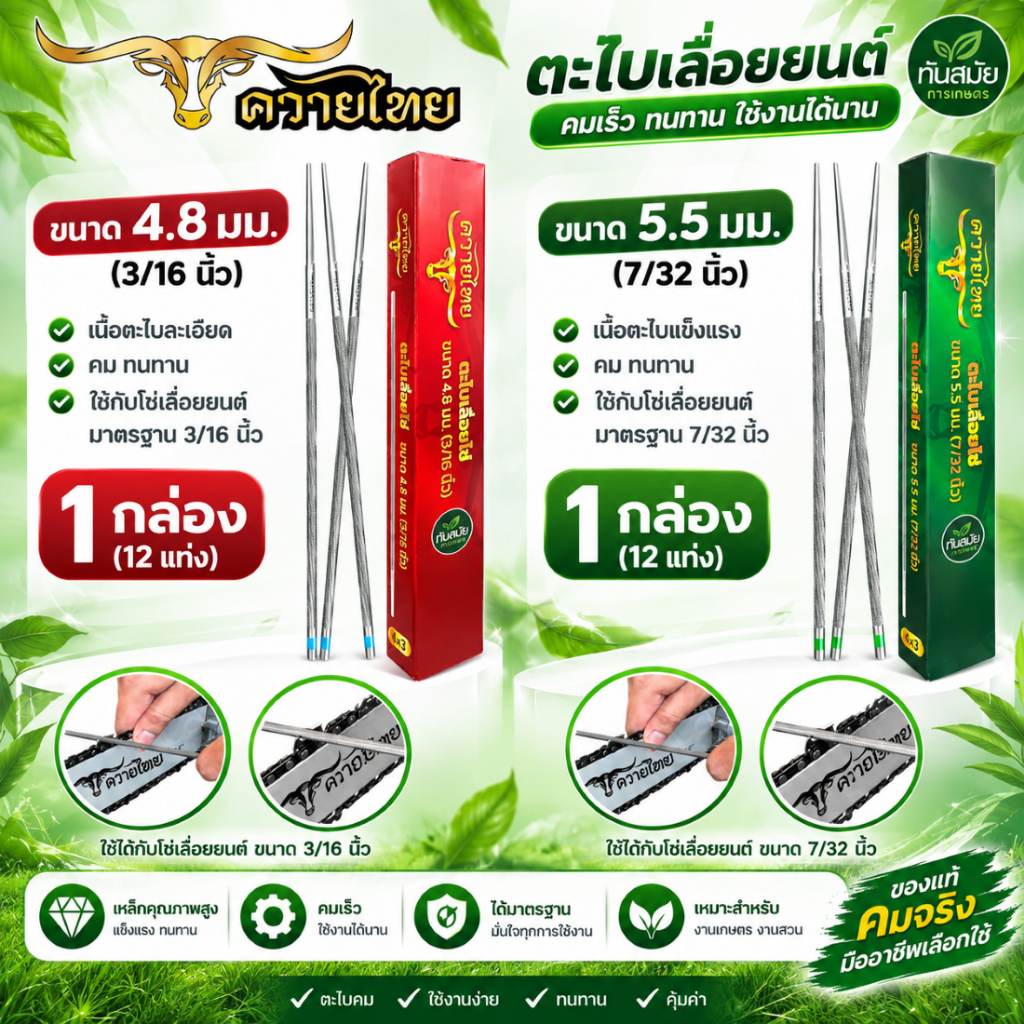 ตะไบกลม ตะไบเลื่อยโซ่ (1กล่อง12ชิ้น) ตราRAMPAG ขนาด4.0mm.4.8mm.5.5mm. ใช้แทงโซ่ ลับคมโซ่ เลื่อยยนต์