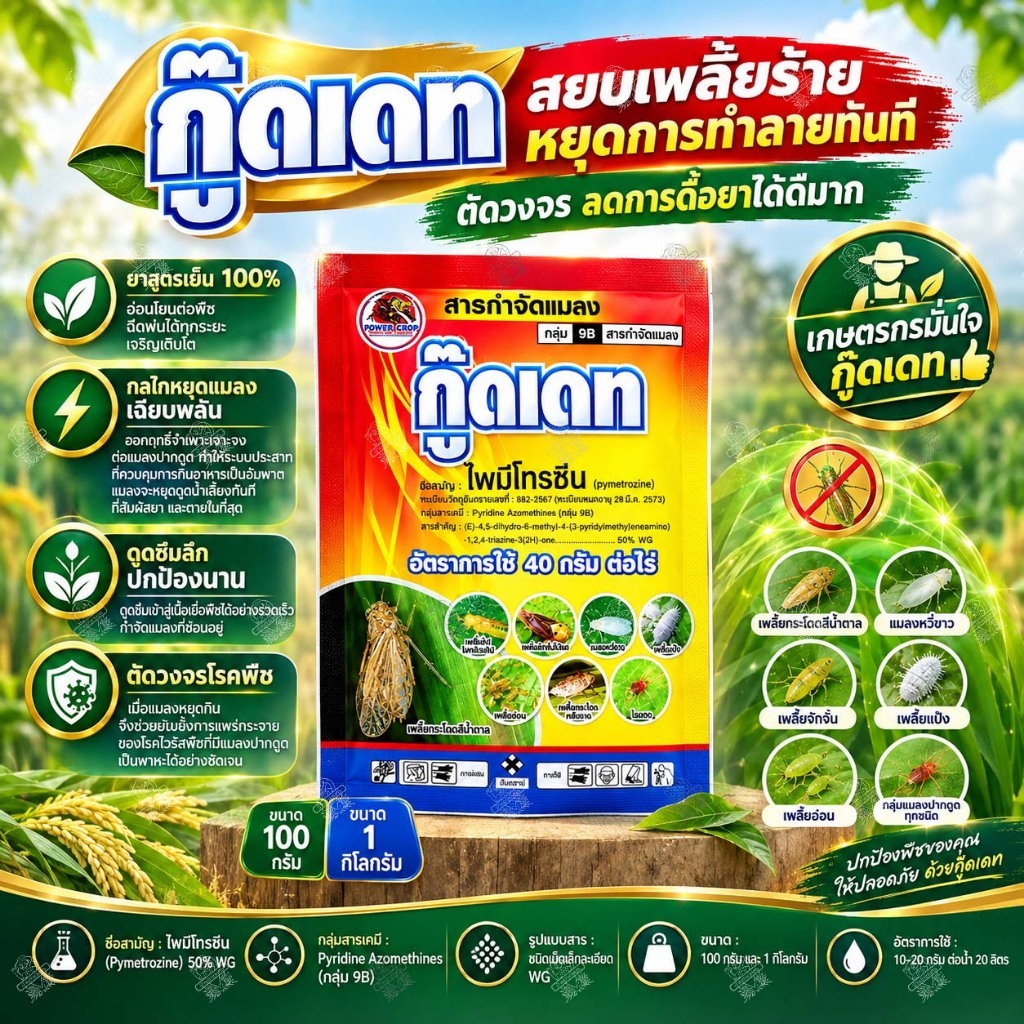 ไพมีโทรซีน 50% (1 กิโลกรัม) กู๊ดเดท สูตรเย็น กำจัด เพลี้ยไฟ เพลี้ยจักจั่น แมลงหวี่ขาว เพลี้ยกระโดด