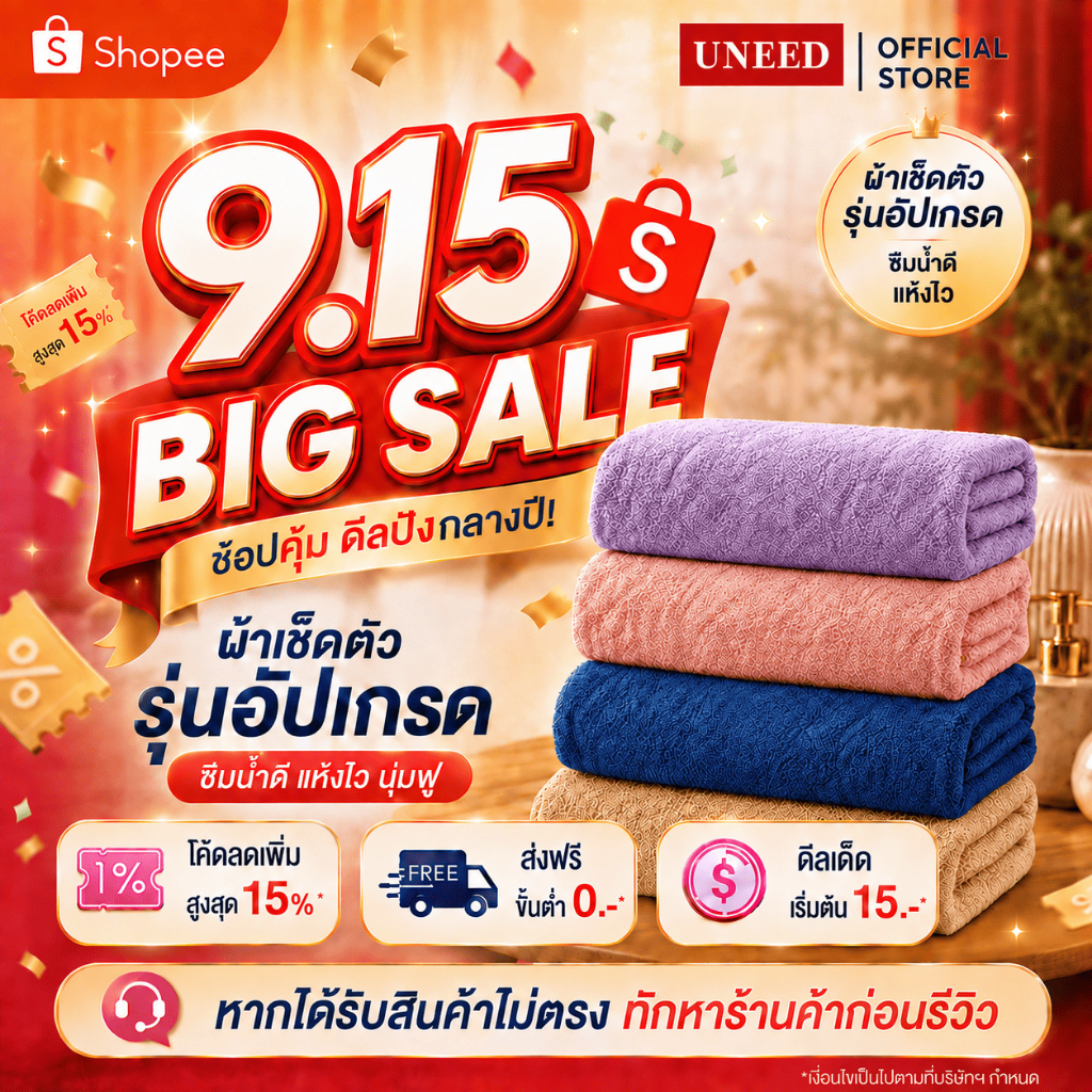 【UNEED】2026ผ้าเช็ดตัวไมโครไฟเบอร์รุ่นใหม่ ซับน้ำได้ดีเยี่ยม แห้งเร็ว คุณภาพพรีเมียม มีให้เลือก ขนาด 40x80|70x140|90x160