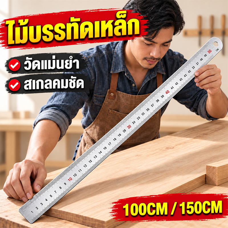ไม้บรรทัดเหล็ก ไม้บรรทัดสแตนเลส 100 ซม / 150 ซม โลหะหนา วัดแม่นยำ แข็งแรง ทนทานใช้งานจริงไม้บรรทัดฟุตเหล็ก สเกลสองด้าน