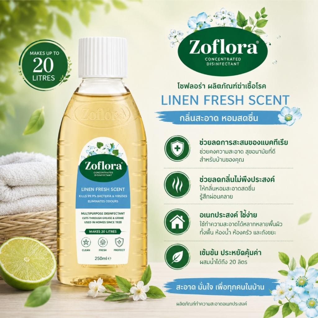 Zoflora Linen Fresh 100ml. โซฟลอรา ลินิน เฟรช น้ำยาฆ่าเชื้อโรคชนิดเข้มข้นแบบมีกลิ่นหอม