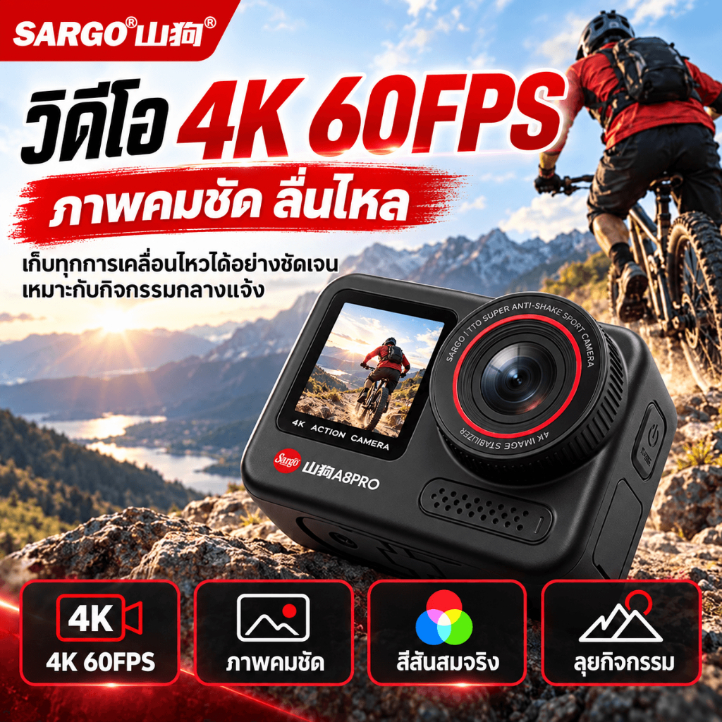 SARGO A8PRO กล้องแอคชั่น 4K60FPS จอคู่ แบตถอดได้ Action Camera กล้องติดหมวก