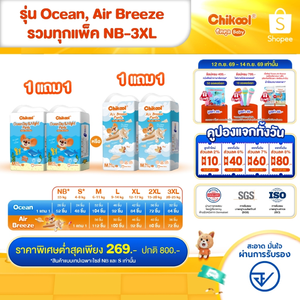 [1 แถม 1] ทุกรุ่น! Chikool ชิคคูล กางเกงผ้าอ้อมเด็ก รุ่น Ocean Day&Night และรุ่น Air Breeze ไซส์ NB-