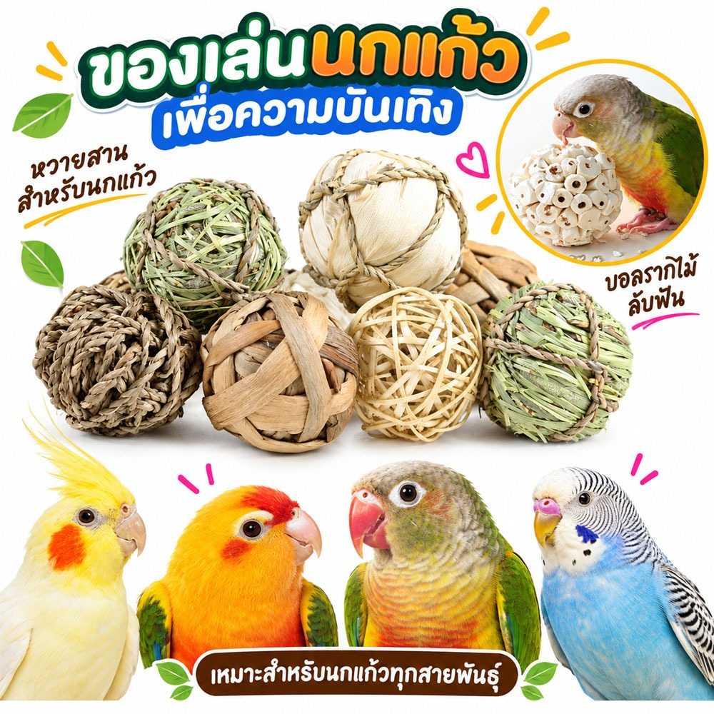 ของเล่นสำหรับนกแก้วเคี้ยว ลับฟัน เพื่อความบันเทิงและการเล่นสนุกด้วยตนเอง ทำจากไม้ไผ่ ไม้แอปเปิ้ล ไผ่หวาน บอลนก นกค็อกคาเ