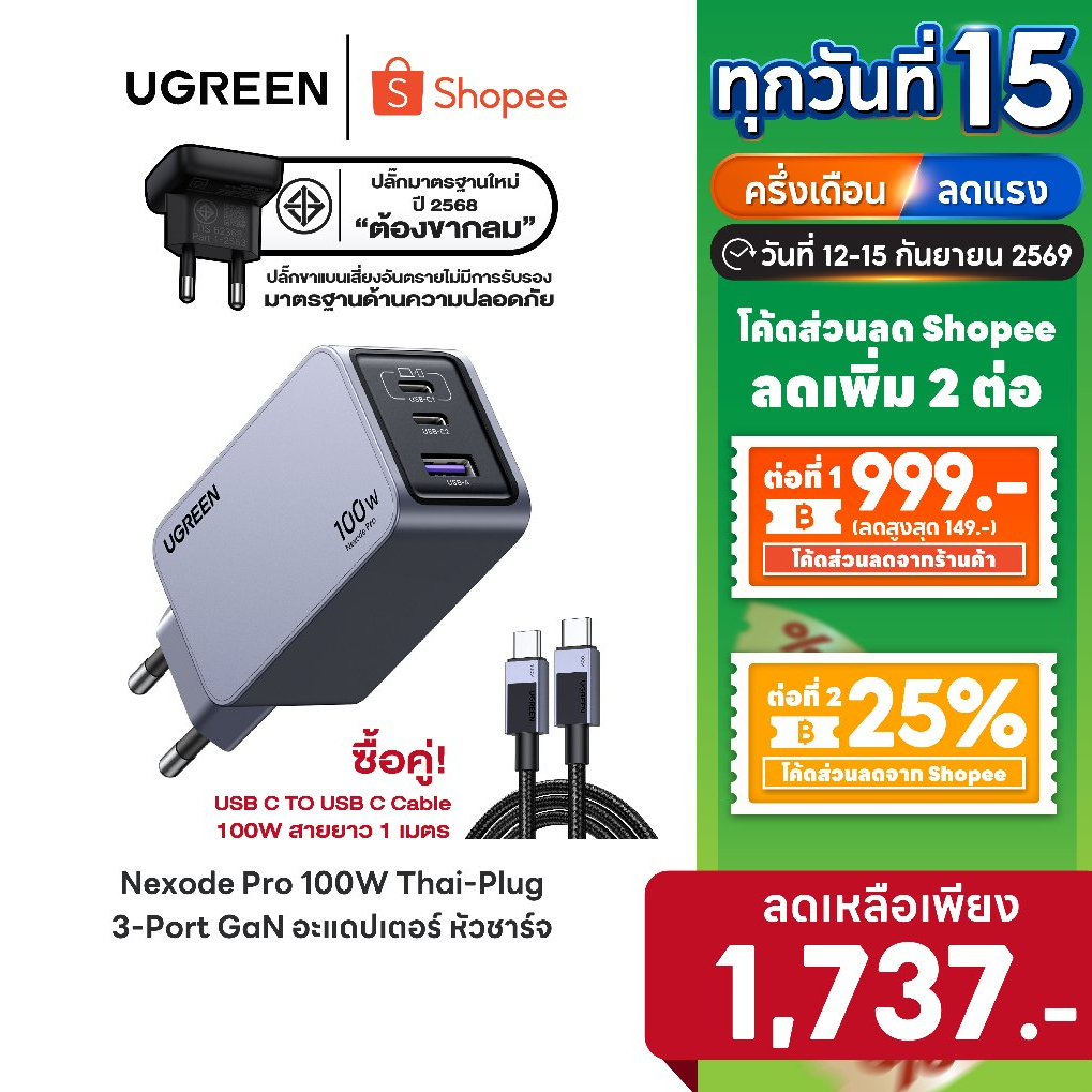 [ลดเหลือ 1737] UGREEN หัวชาร์จ Nexode Pro 65-160W 3-Port GaN อะแดปเตอร์ Super Fast Charging 3in1