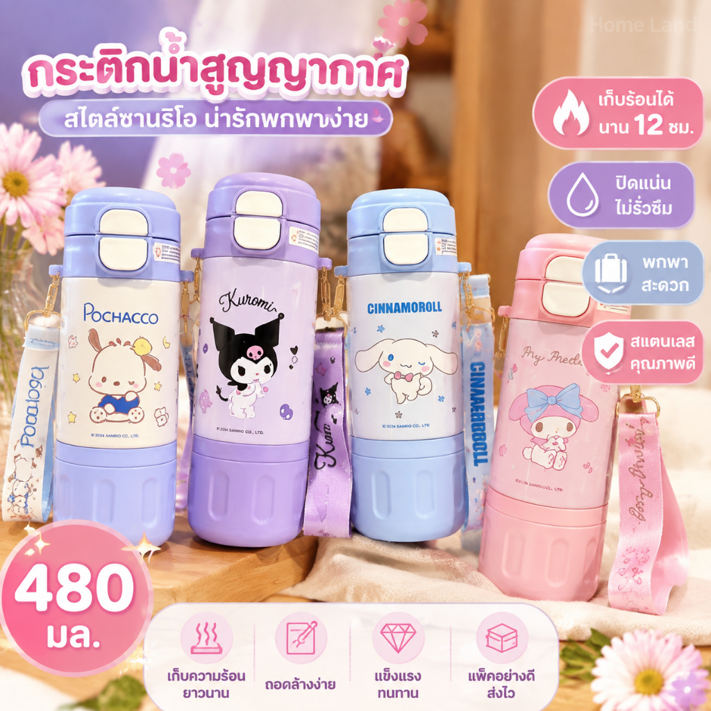 กระติกน้ำสแตนเลส สูญญากาศ 480ml ความจุใหญ่ พกพาง่าย เหมาะสำหรับเดินทาง
