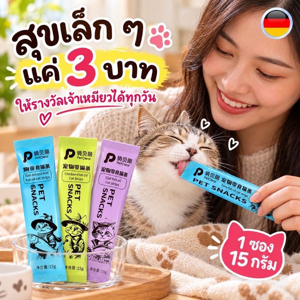 ขนมแมว PetClear 15 กรัม เนื้อครีมนุ่ม เปิดซองพร้อมให้ สุ่มรส