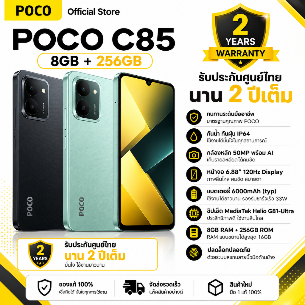 POCO C85 5G 8GB+256GB โทรศัพท์มือถือ 5G จอ 6.9" 120Hz กล้อง AI 50MP แบต 6000mAh ชาร์จเร็ว 33W