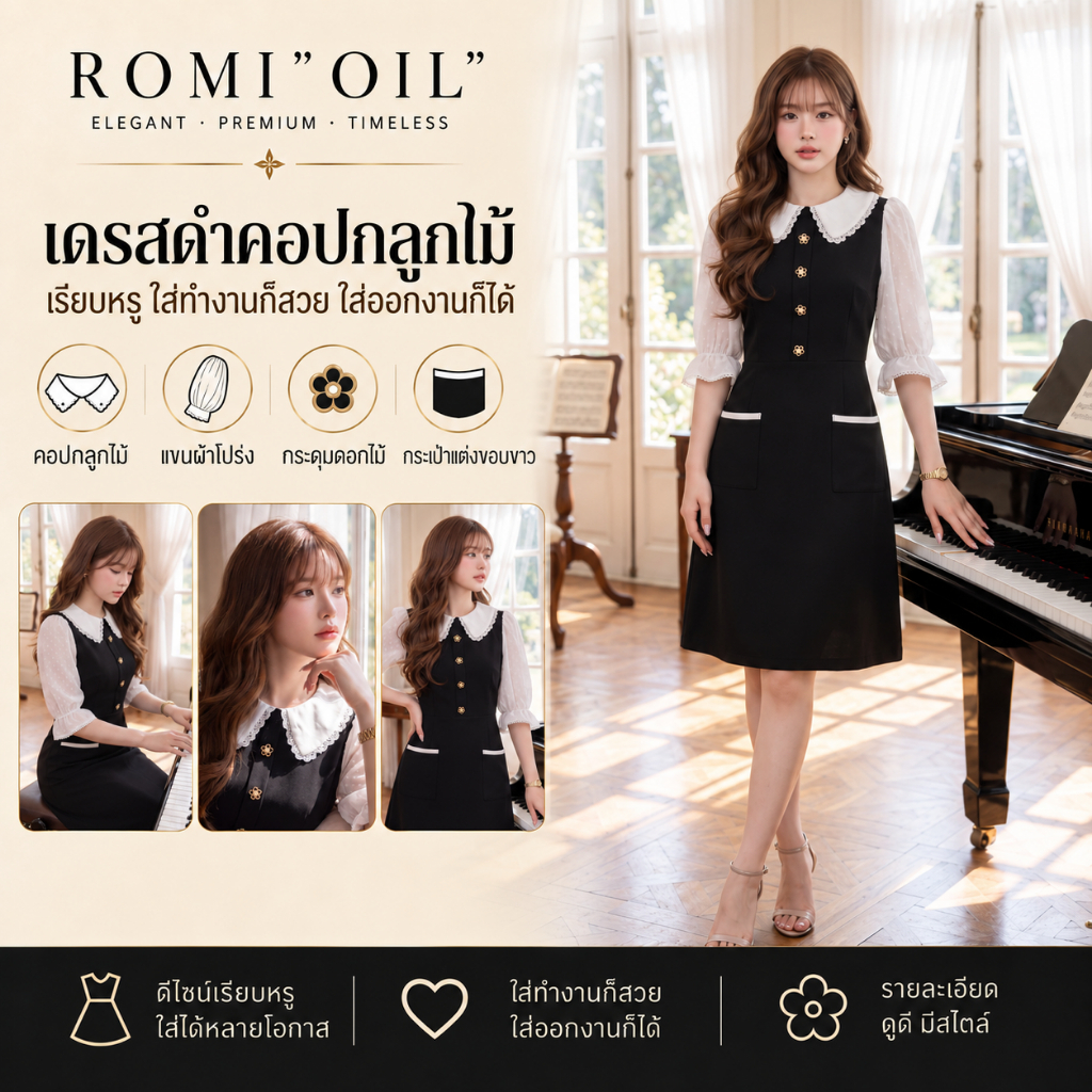 "Romi"Oil" K465 ชุดเดรสสีดำ (คอปกแต่งลูกไม้แต่งกระดุมดอกไม้)