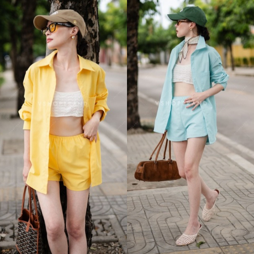 พร้อมส่ง Set เชิ้ตลินินแขนยาว+กางเกงขาสั้น งานป้าย vshopbrand