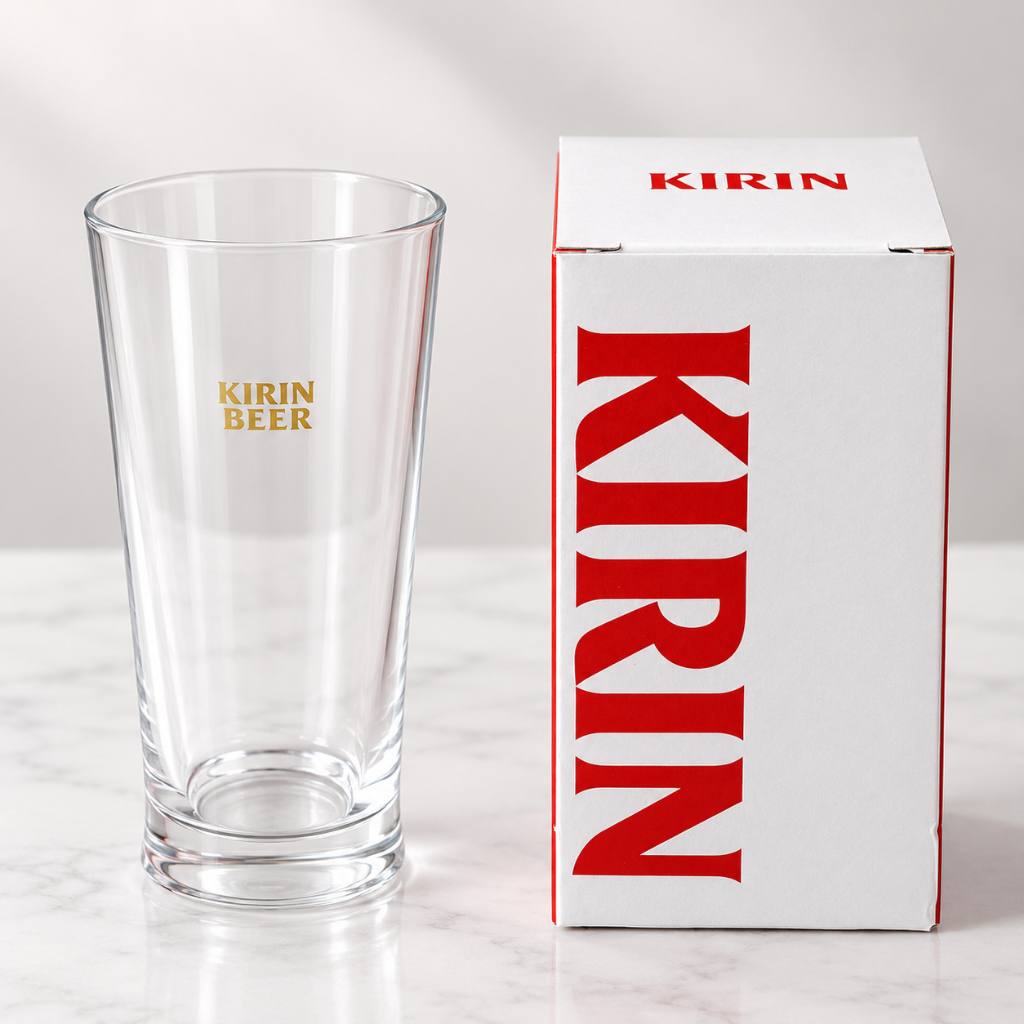 แก้วเบียร์ Kirin แท้ญี่ปุ่น โลโก้ทองมินิมอล ทรงพิลสเนอร์ 380ml พร้อมกล่องเดิม