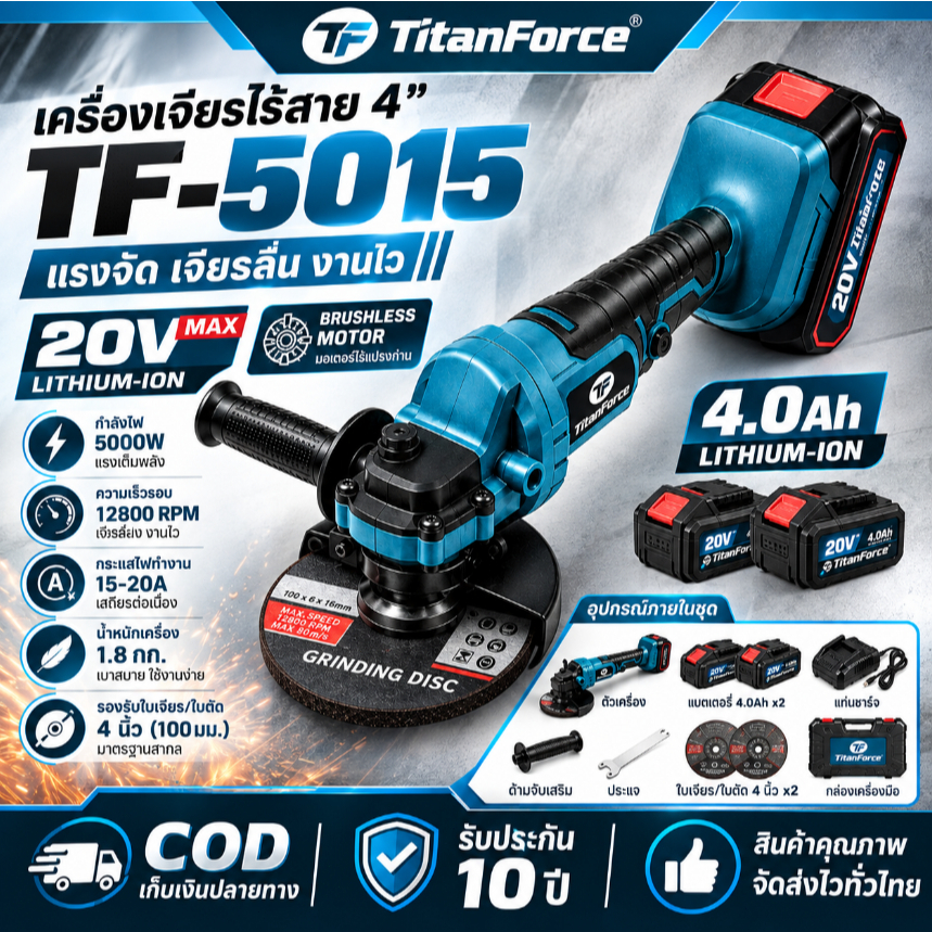 【รับประกัน 10 ปี】TitanForce เครื่องเจียรไร้สาย 4 นิ้ว 20V 5000W ลูกหมูไร้สาย มอเตอร์แรง ระบายความร้อนดี ด้ามจับกระชับมือ