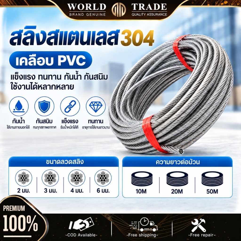 สลิงแสตนเลส  ลวดสลิง 1.5 มิล , 3มิล , 4มิล , 6มิล กันน้ำและกันสนิม ทนทาน ขดละ 10-50เมตร