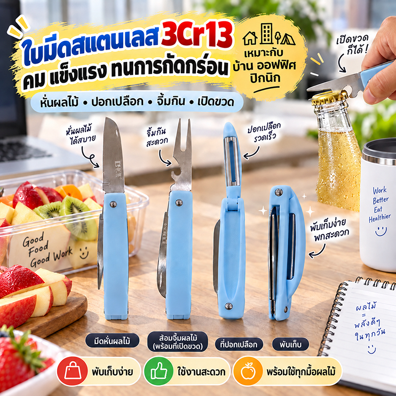 ใบมีดคม หั่นง่าย มีดหั่นผลไม้ 4IN1 หั่น ปอก จิ้ม เปิดขวด มีดปอกผลไม้อเนกประสงค์ แข็งแรง ทนการกัดกร่อน มีดผลไม้พับได้