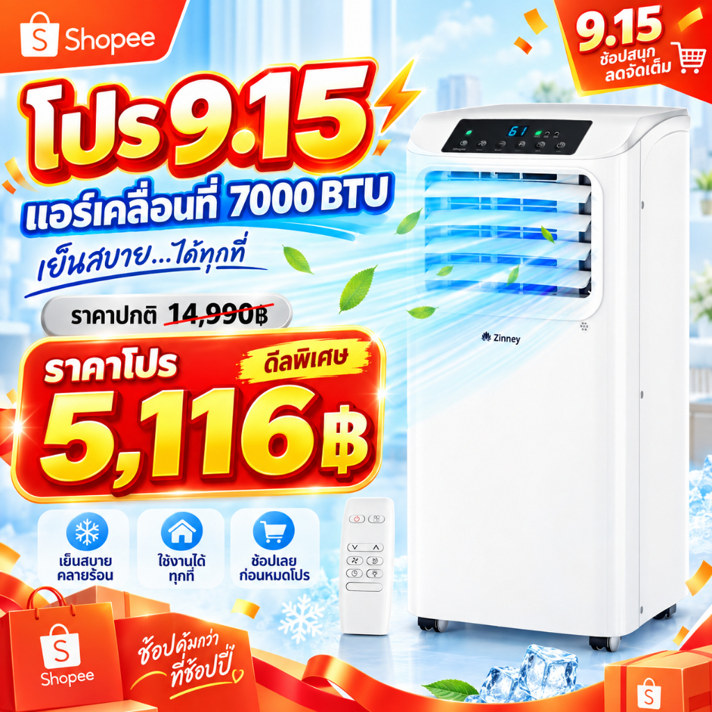 Zinney แอร์เคลื่อนที่ Portable Air ขนาด 7000-12000 BTU รุ่น ZNPAC-07-12A เย็นเร็ว ถังเก็บน้ำในตัว หน