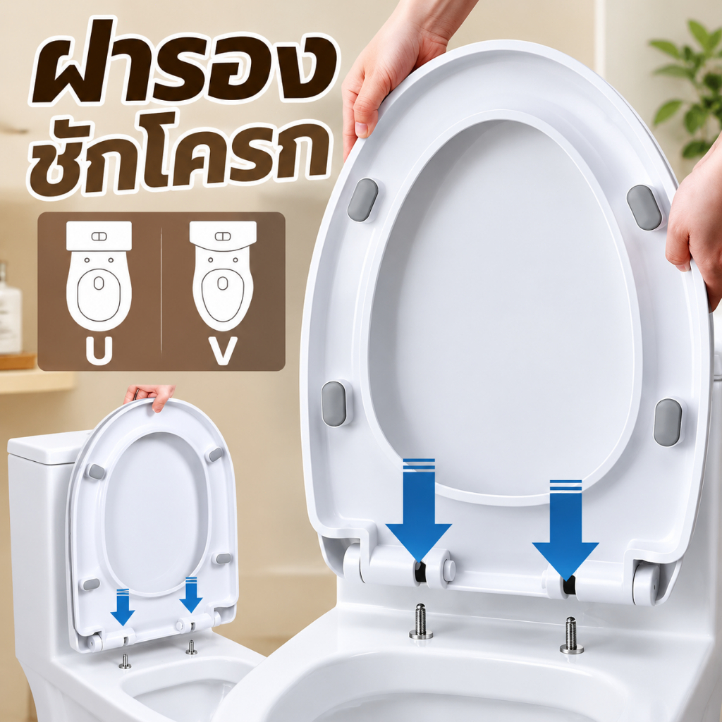 ฝารองนั่งสุขภัณฑ์ PP ทรง O / V เปิดปิดนุ่มนวล ถอดล้างสะดวก ไม่เหลืองง่าย แข็งแรง ใช้ได้นาน พร้อมอุปกรณ์ติดตั้ง