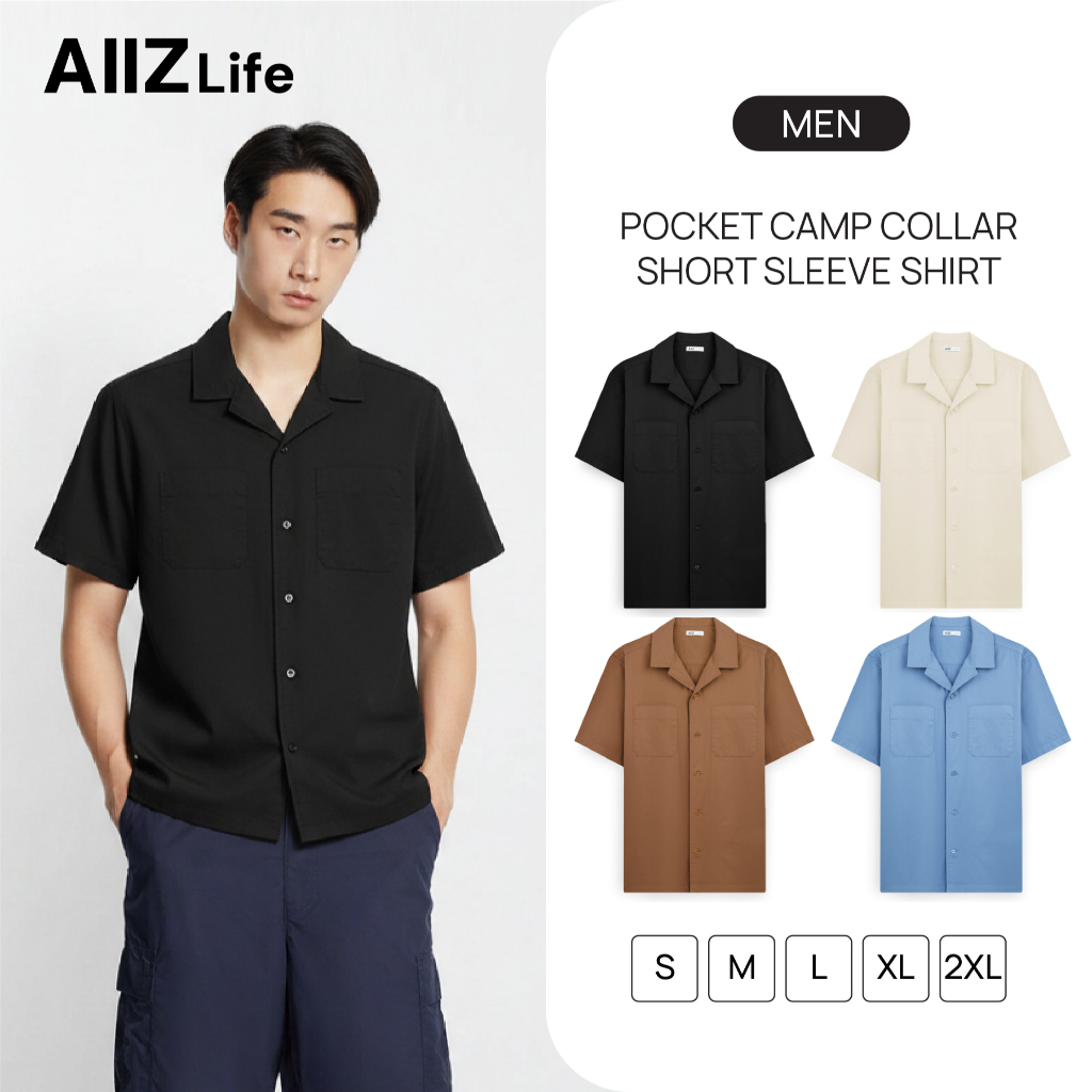 AIIZ (เอ ทู แซด) - AIIZ เสื้อเชิ้ตผู้ชายแขนสั้นปกฮาวาย มีกระเป๋า AIIZ Men's Pocket Camp Collar Shorts Sleeve Shirt