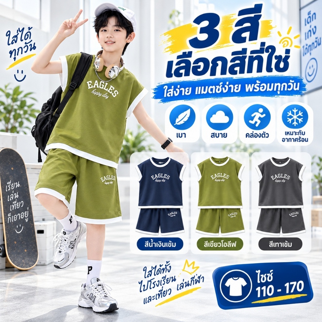 ชุดลำลองเด็กผู้ชาย เสื้อแขนกุดเด็ก กางเกงขาสั้น เซต 2 ชิ้น เบาสบาย ระบายอากาศดี เด็ก 2-15 ปี