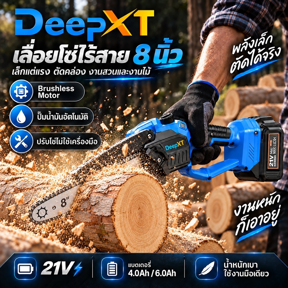 เลื่อยโซ่ไร้สาย 8 นิ้ว มอเตอร์ไร้แปรงถ่าน จอ LCD แสดงระดับแบต ระบบหล่อลื่นอัตโนมัติ เลื่อยมือเดียว ตัดกิ่งไม้พกพา