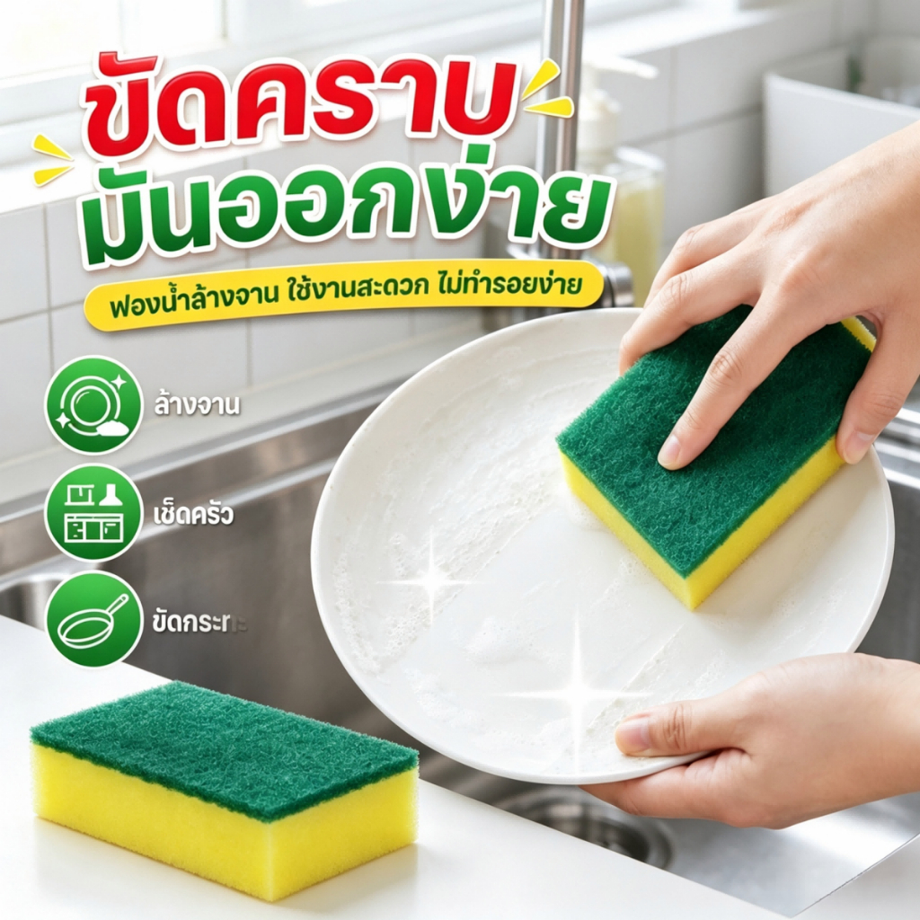 ฟองน้ําล้างจาน 1 ชิ้น สำหรับทำความสะอาดจานชามขจัดคราบหนัก คราบฝัง ฟองน้ำนาโน ไม่มีกลิ่น