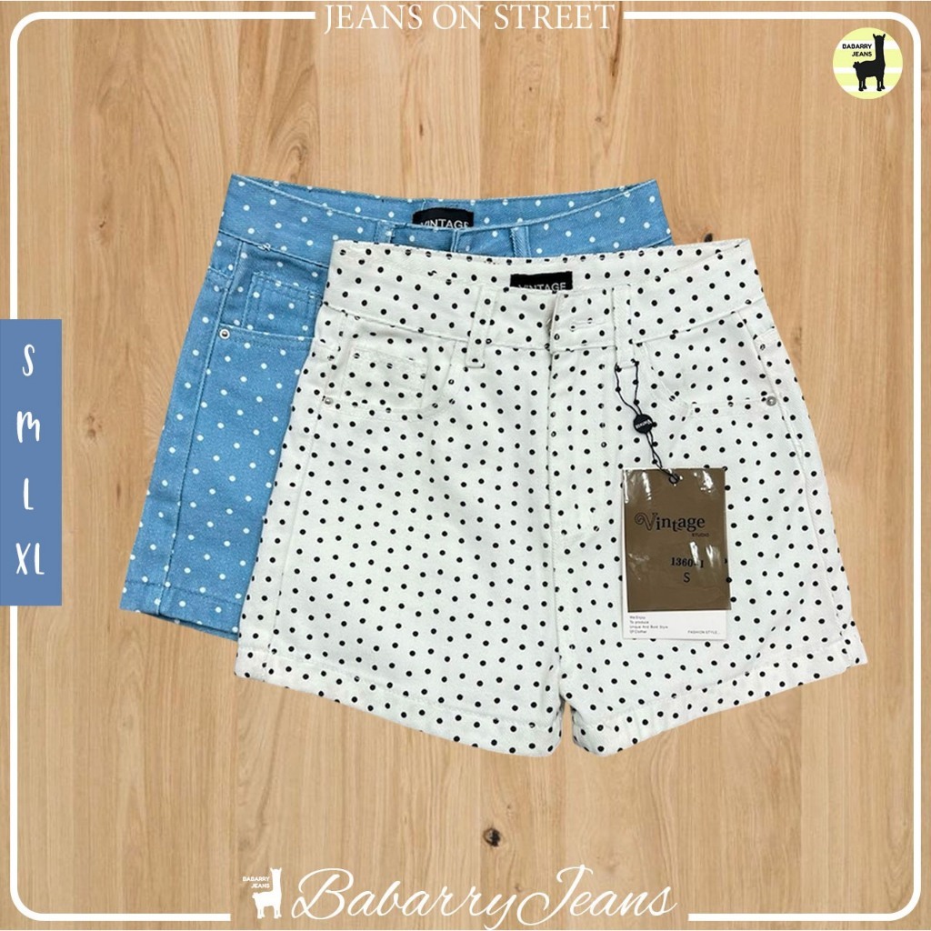 Babarry Vintage Style ยีนส์ขาสั้น ลายโพกาดอท (Polka Dot) เอวสูง V-T