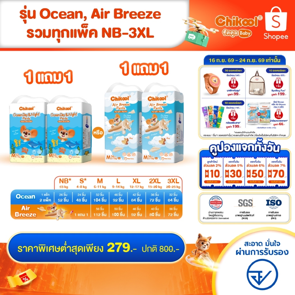[1 แถม 1] ทุกรุ่น! Chikool ชิคคูล กางเกงผ้าอ้อมเด็ก รุ่น Ocean Day&Night และรุ่น Air Breeze ไซส์ NB-3XL