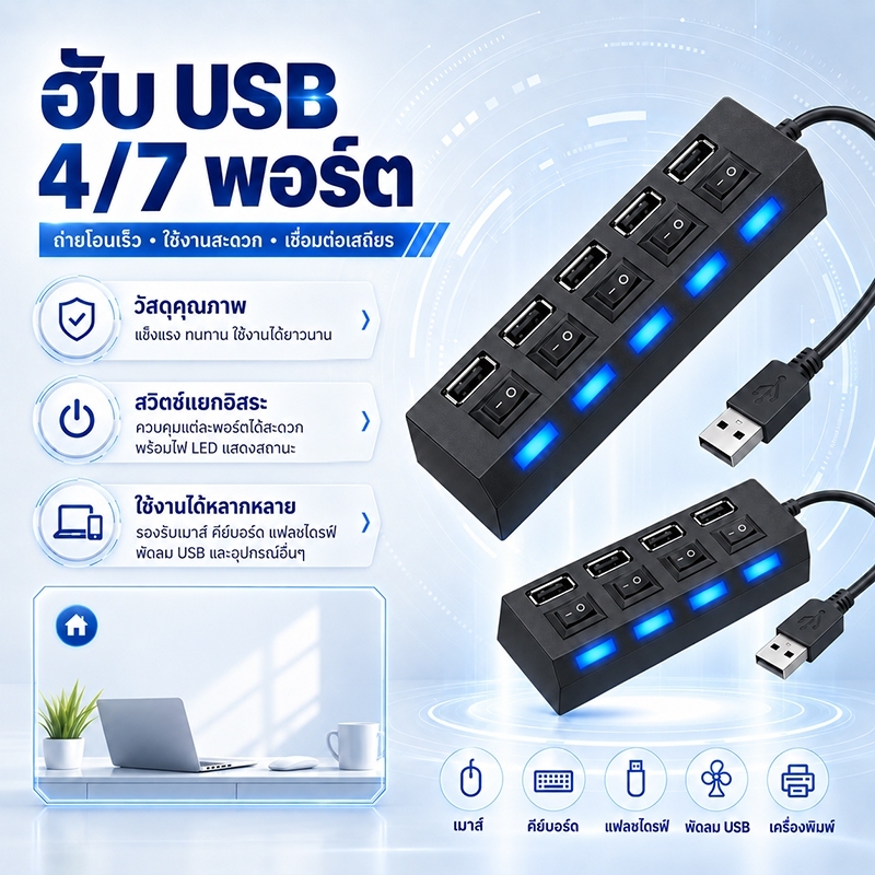 7Ports 4Ports LED USB 2.0 อะแดปเตอร์ Hub Power On Off Switch สําหรับคอมพิวเตอร์แล็ปท็อปพีซี