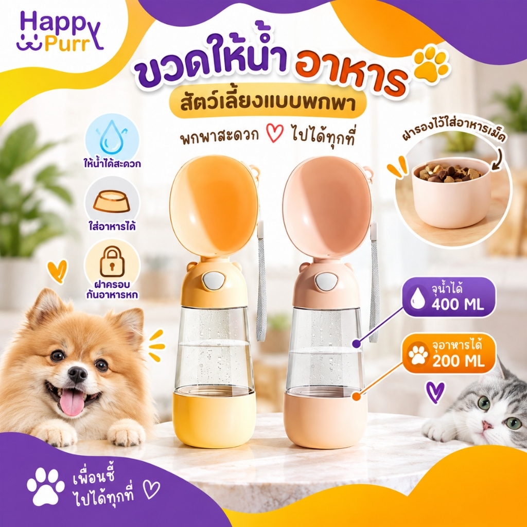 พร้อมส่ง Happy Purr ขวดให้น้ำ อาหาร สัตว์เลี้ยงแบบพกพา ที่ให้น้ำ อาหาร สุนัข แมว มีสายห้อย