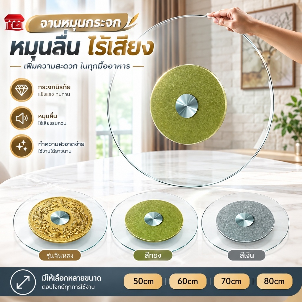 โต๊ะกระจกนิรภัย 6mm พร้อมจานหมุน ขนาด 50-80 ซม. แข็งแรง ทนทาน ดีไซน์ทันสมัย เหมาะทานข้าว รับแขก ตกแต่งห้อง พร้อมส่ง