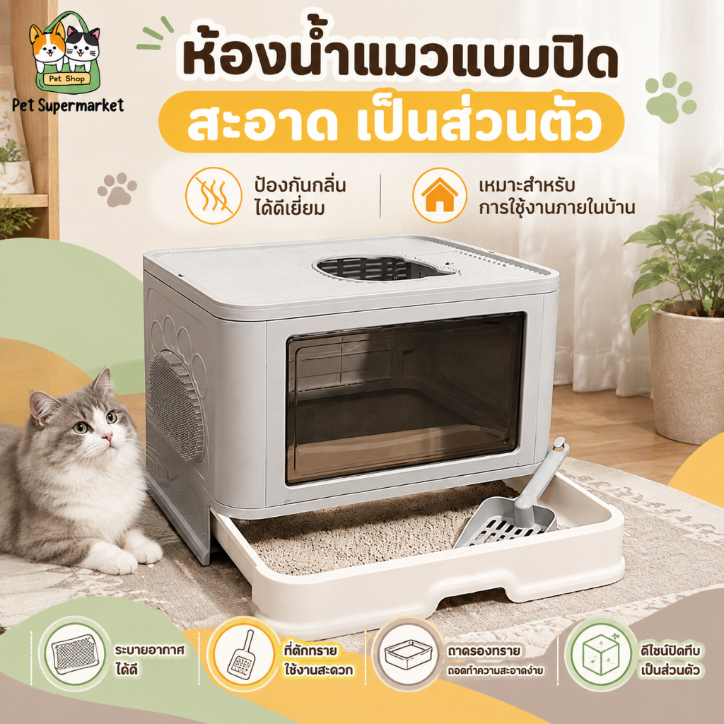 กระบะทรายแมวขนาดใหญ่ พับได้ ประเภทลิ้นชัก ป้องกันทรายกระเด็นระงับกลิ กระบะทรายขนาดยักษ์ ถาดทรายแมว ห้องน้ําแมว