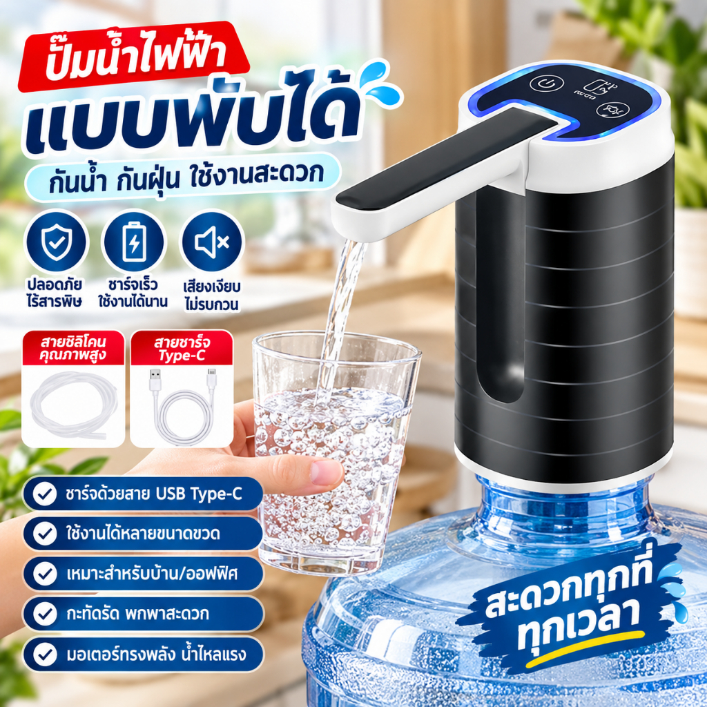 เครื่องกดน้ำอัตโนมัติ เครื่องปั๊มน้ำดื่มแบบพกพา ชาร์จ USB Type-C ปั๊มน้ำจากถัง ใช้งานง่าย ดีไซน์พับได้
