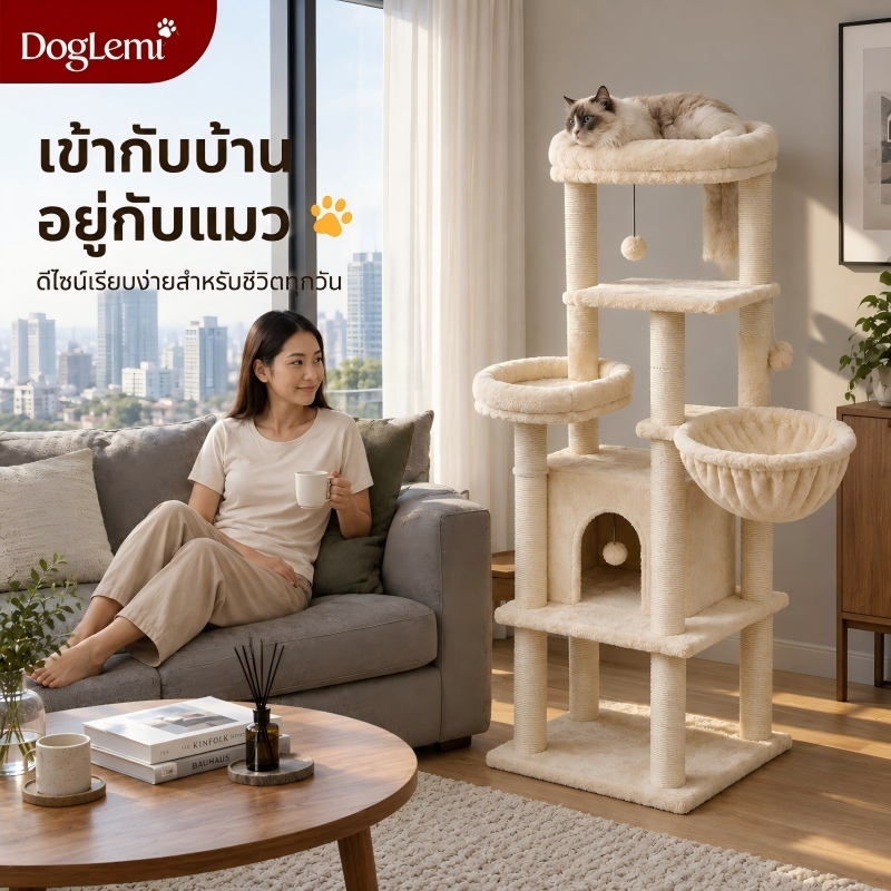【DogLemi】Cat Condo คอนโดแมวไม้ มีหลุมอวกาศ บ้านแมว ที่ลับเล็บ ของเล่นแมว สำหรับแมว 1-2 ตัว แข็งแรง ประหยัดพื้นที่