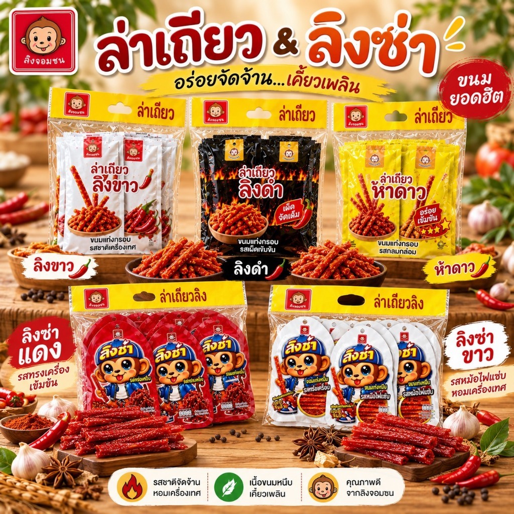 ล่าเถียว ลิงขาว/ดำ/เหลือง ลิงซ่าแดง/ขาว ตราลิงจอมซน ขนมรสเผ็ดชาสไตล์เสฉวนต้นตำรับแท้ (ยกลัง 12 แพค 144 ซอง)