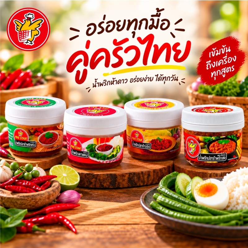 Fivestar น้ำพริกตราห้าดาว 60g 4 สูตร ตาแดง,ปลาร้าบองแมงดา,ปลาร้าบอง,ปลาร้าพริกสด