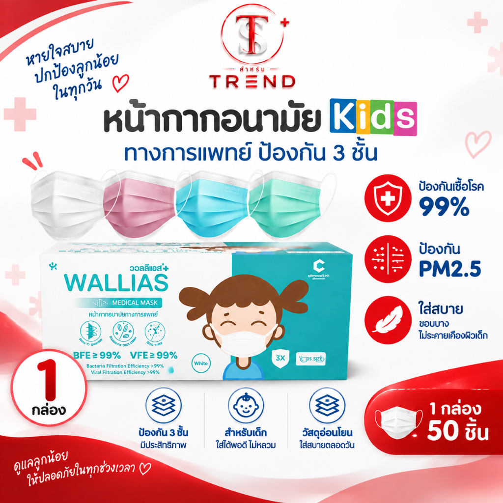 WALLIAS Mask หน้ากากอนามัย หนา 3 ชั้น ป้องกันฝุ่นขนาดเล็ก สำหรับเด็กแบบกล่อง 50 ชิ้น
