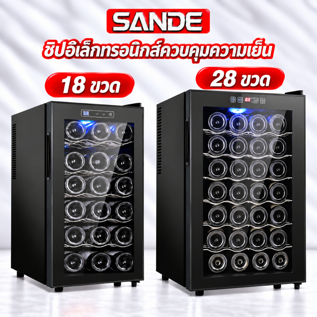 SANDE 🍇ส่วนลดสูงพิเศษ ตู้แช่ ตู้แช่ไวน์ Wine cooler ขนาดบรรจุ 28ขวด อุณหภูมิ 11-18 °C ไฟLED ชั้นวางไม้บีช