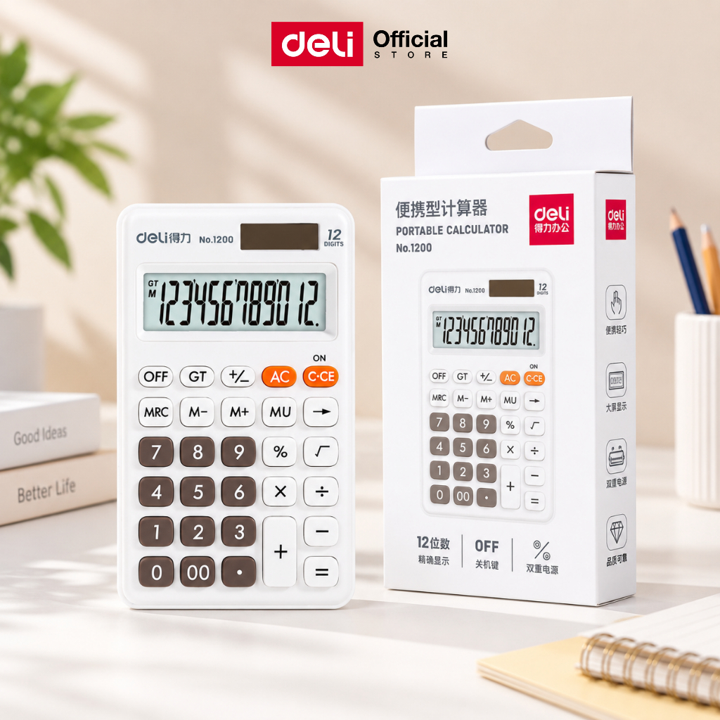 เครื่องคิดเลข 12 ตำแหน่ง Deli  เครื่องคิดเลข คิดเลขแม่นยำ เครื่องคำนวณ สีสันน่ารัก พกพาสะดวก (สีขาว) อุปกรณ์สำงาน