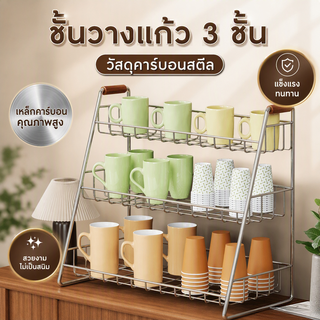 ชั้นวางเครื่องดื่ม ชั้นวางเครื่องชงชาหลายชั้นบนพื้นโต๊ะ ชั้นวางภาชนะสำหรับแก้วน้ำ ใบชา และแก้วกาแฟ