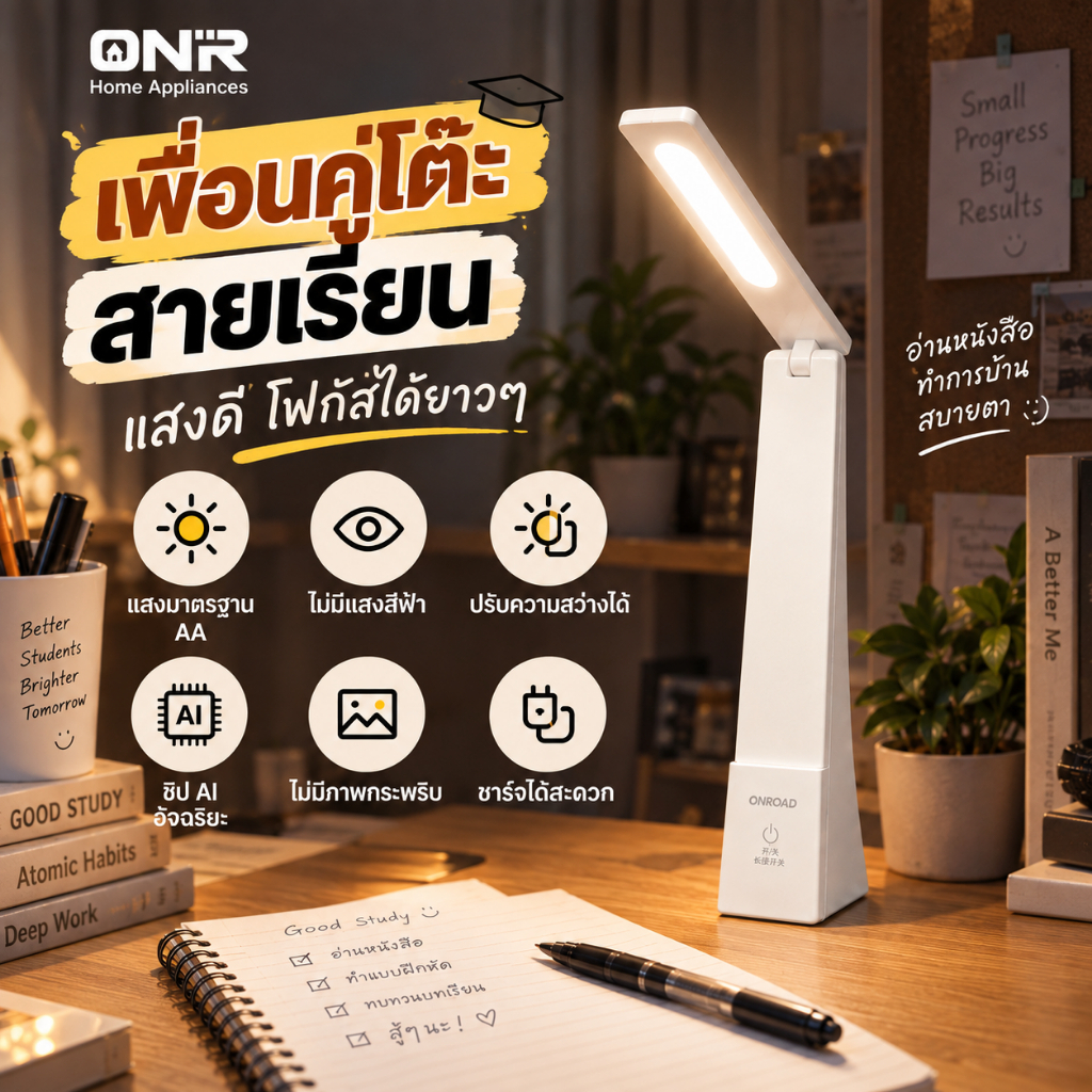 ONR โคมไฟตั้งโต๊ะ LED ถนอมสายตา Ra95 ปรับแสง 3 สี หรี่แสงสัมผัส 3 ระดับ พับได้ 98 LED