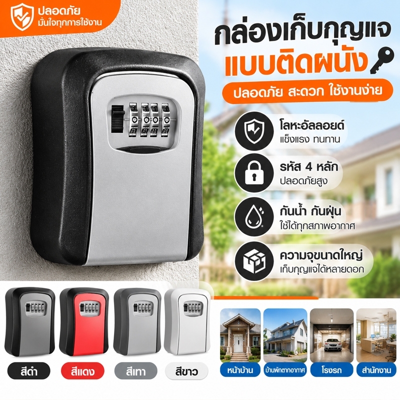 กล่องเก็บกุญแจ กล่องล็อคกุญแจ แบบติดผนัง กล่องเซฟกุญแจ 4 หลักล็อค โลหะแข็งแรงทนทาน ความจุขนาดใหญ่