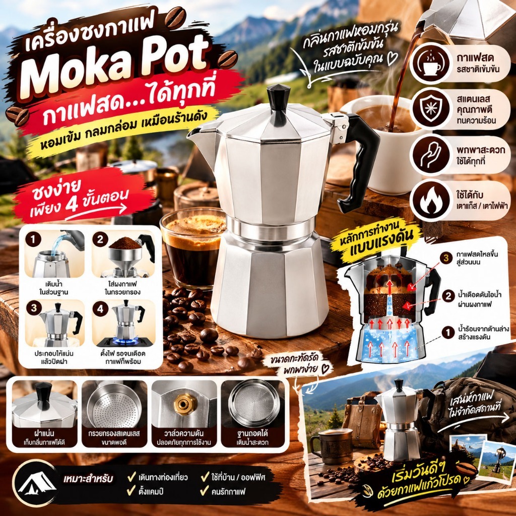 [โค้ด 39TKGG ลดทันที 15% สูงสุด 30-]Moka pot หม้อต้มกาแฟ หม้อต้มกาแฟสด หม้อต้มกาแฟขนาดพกพา