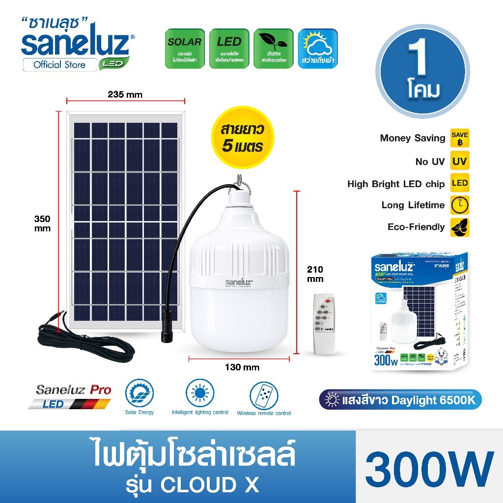 Saneluz หลอดไฟตุ้มโซล่าเซลล์ 300W 500W แสงสีขาว พร้อมอุปกรณ์ในการติดตั้งเปิด-ปิดอัตโนมัติ Solar Cell led