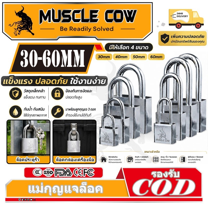 MUSCLE COW แม่กุญแจล็อค กุญแจ พร้อมลูกกุญแจ 3 ดอก สีเงิน 30mm 40mm 50mm 60mm ยาวและสั้น