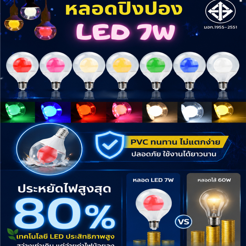 หลอดปิงปอง 7สี LED 7W(700ลูเมน)ขั้วE27หลอดไฟ2ชั้นสว่างกว่า ตัวหลอดผลิตจากวัสดุ PVC ตกไม่แตก