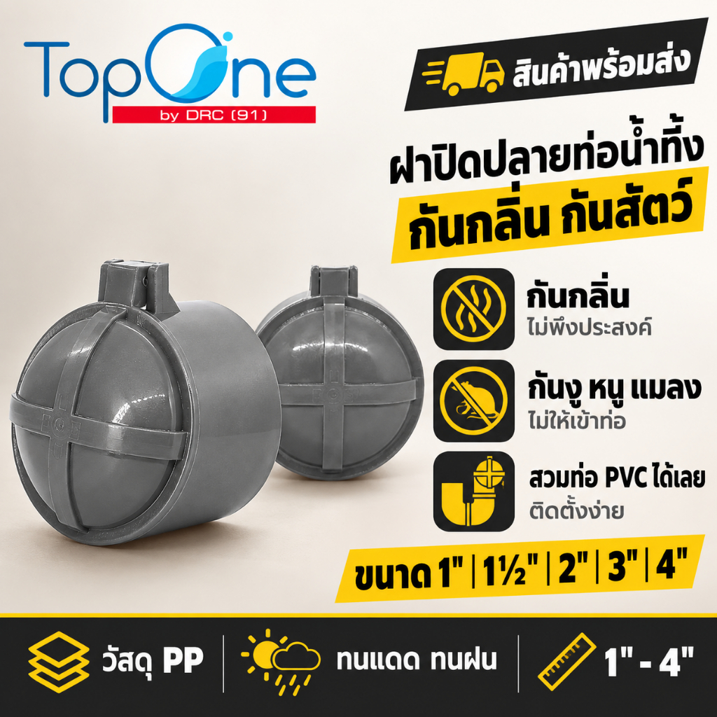 ฝาปิดปลายท่อน้ำทิ้ง TopOne กันกลิ่น กันแมลง กันหนู กันงู สวมท่อ PVC ขนาด 1" 1.5" 2" 3" 4"