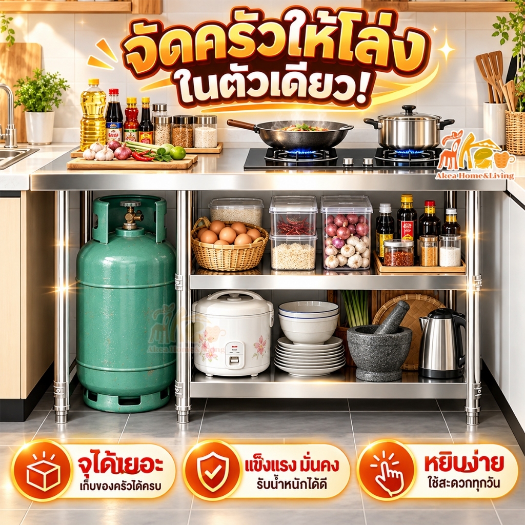 โต๊ะวางเตาแก๊ส สแตนเลส 304 โต๊ะวางของในครัว กันน้ำ 3ชั้น ปรับความสูงได้ ชั้นวางเตาแก๊ส ทำความสะอาดง่าย